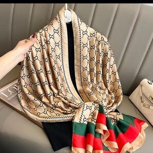 Designer Beige and Red Silk Scarf